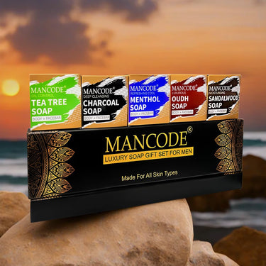 Mancode Luxury Soap Gift Set For Men Pack With 5 unique Soap Bars | Tea Tree, Sandalwood, Oudh, Activated Charcoal & Menthol | Daily Bathing Bar Soap For Men For All Skin Types. (Pack of 5) 625g